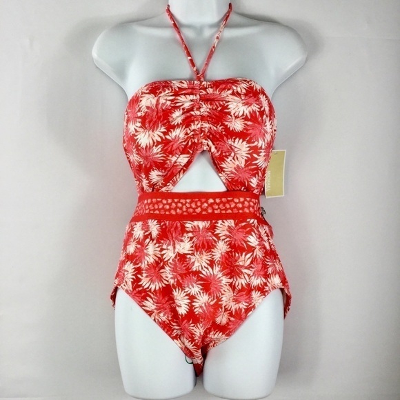MICHAEL Michael Kors Bandeau Cut Out One Piece Sangria Palm Mix Size 12 NWT - Picture 4 of 7